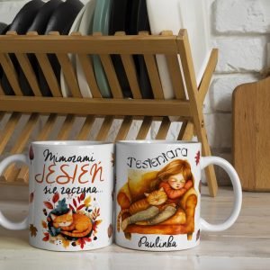 Personalizowany kubek z grafiką „Mimozami jesien sie zaczyna"