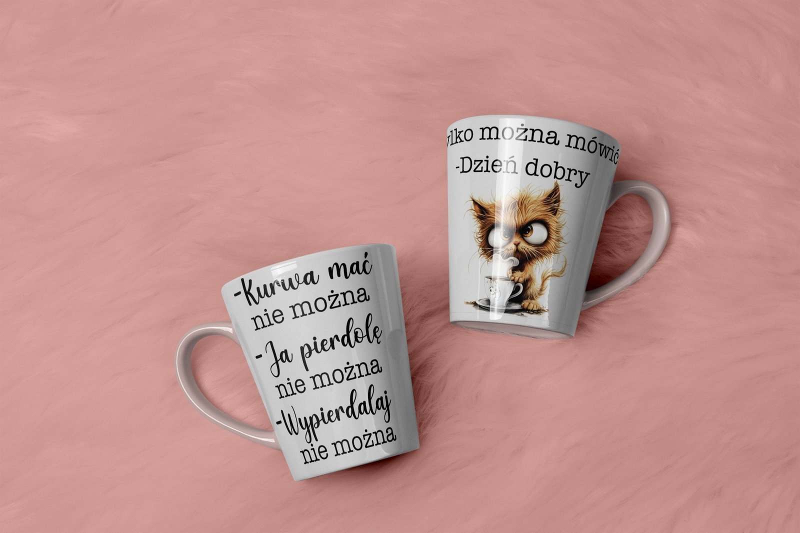 Personalizowany kubek z grafiką „Kurwa mac nie mozna, dzien dobry mozna"