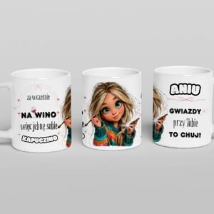 Personalizowany kubek z napisem „Za wcześnie na wino, to jebnę sobie kapuczino” – śmieszny prezent dla kobiety