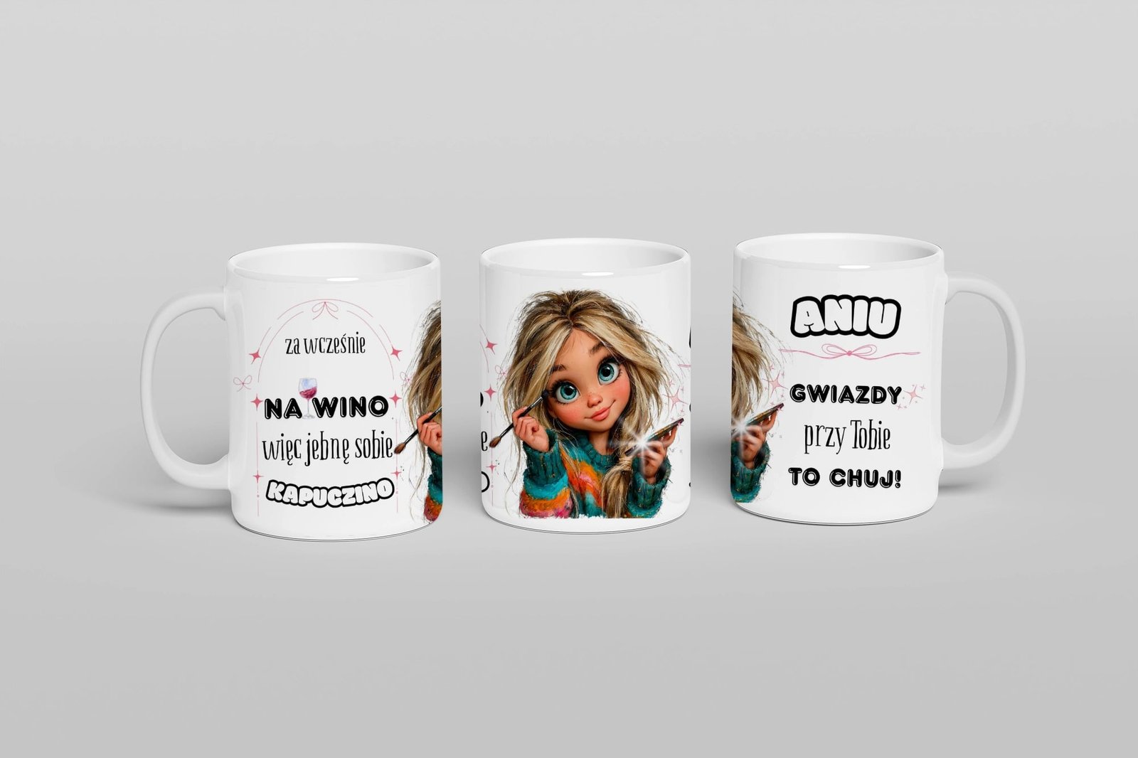 Personalizowany kubek z napisem „Za wcześnie na wino, to jebnę sobie kapuczino” – śmieszny prezent dla kobiety