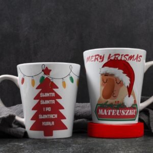 kubek personalizowany z napisem „Świnta i po Świntach – kurła” i imieniem